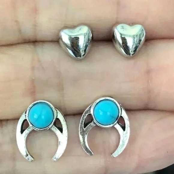 Bubble Heart Studs & Turquoise Stud Stainless Steel Earrings NWT - Picture 1 of 3
